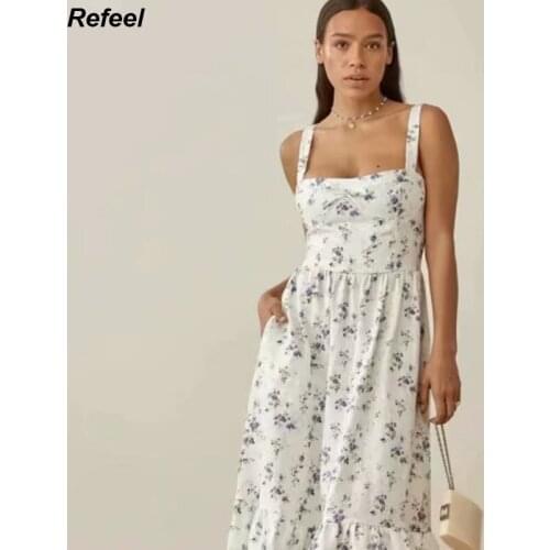 Dress Women French Sweet Spaghetti Strap Floral Printed Chiffon Vestidos Female Slim Dresses Ladies