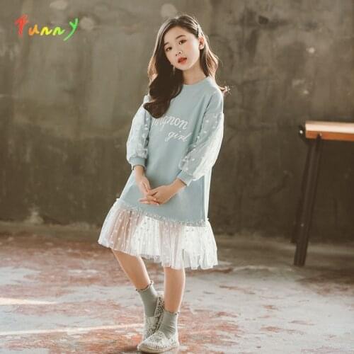 Girls Dresses Spring 2020 Letter Mesh Patchwork Princess Sweatshirt Dress Girl Clothes Long Sleeve Children Dress for Teenage