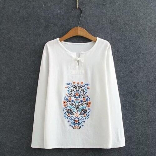 Plus Size Womens Long Sleeve Vintage Tshirts Casual A-line Embroidery Tops Spring Summer Muslimah Shirts