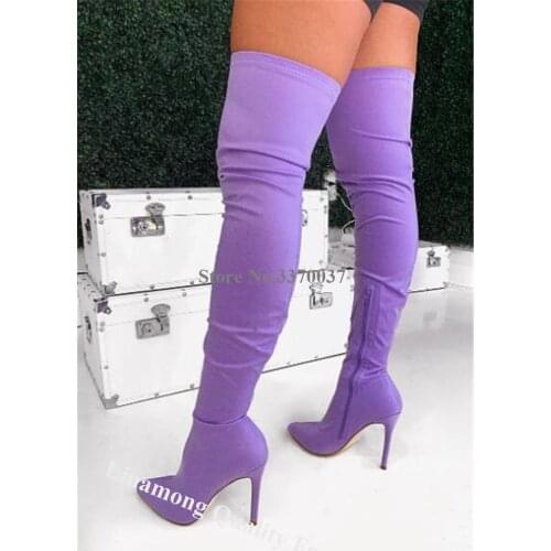 Linamong Sexy Women Pointed Toe Purple Elastic Over Knee Stiletto Heel Boots Banded Slim Long High Heel Boots Dress Heels Shoes