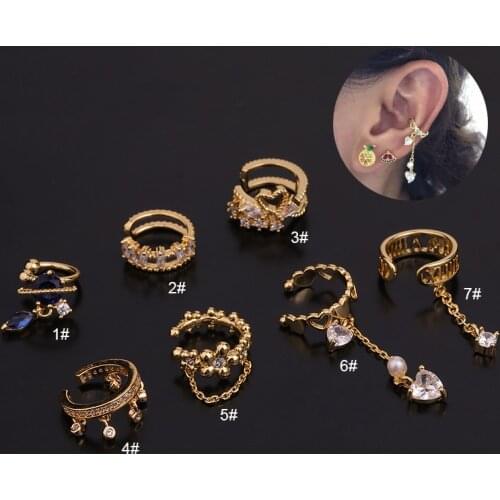 New 1Pc Adjustable Cz Ear Cuff No Piercing Conch Cuff Earring With Chain Pendant Helix Cartilage Conch Fake Piercing Jewelry