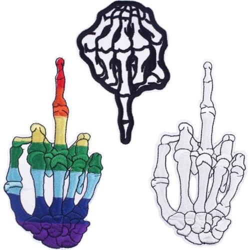 Punker Clothes Embroidered Iron on Patches Skull Middle Finger Appliques Punk Gesture Thermo Sticker Wholesale Jacket Back Patch