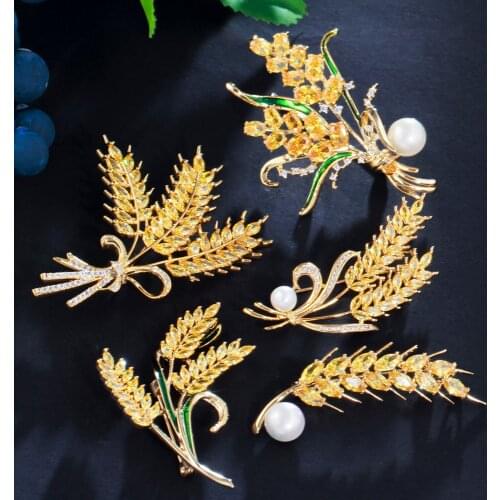 ThreeGraces Shiny Yellow Cubic Zirconia Wheat Pearl Brooch Pin Series for Women Fashion Wedding Party Jewlery Accessories XZ021
