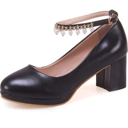 18 years spring light mouth thick with high fashion beaded word buckle with round head size 43 yards 30-18129 single shoes