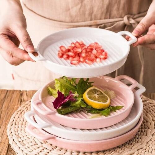 Japan double ear ceramics Pizza Baking Pan Tray 9INCH Pizza Plate Dishes Holder Bakeware Home Kitchen Baking Tools Accessories