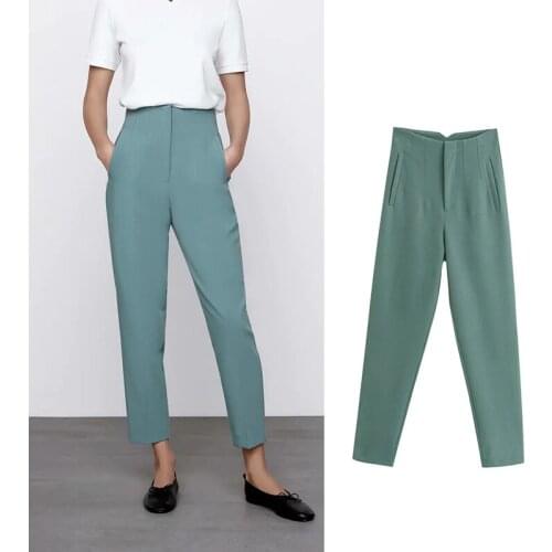 Za 2021 Autumn Pleated High Waisted Pants Women Trouser Suits High Street Pants Chic Button Zip Elegant Khaki Casual Woman Pants