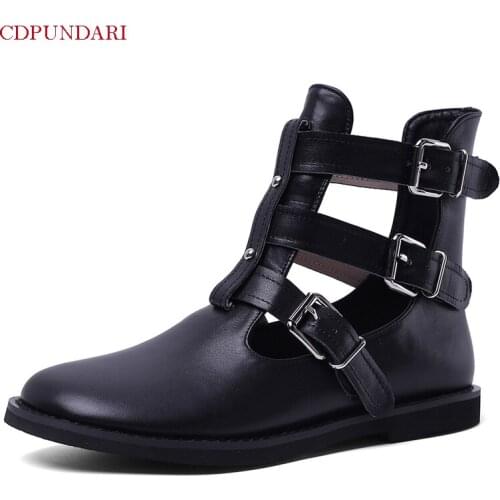 Ladies White Black Genuine Leather Low Heels Ankle Boots For Women Autumn Spring Gladiatus Short Boots Shoes Bottines Femme