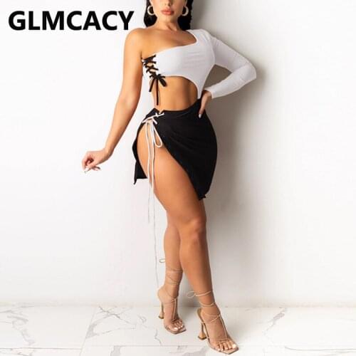 Women One Shoulder Lace Up Colorblock Dress Sexy Cut Out Patchwork Slit Mini Dresses