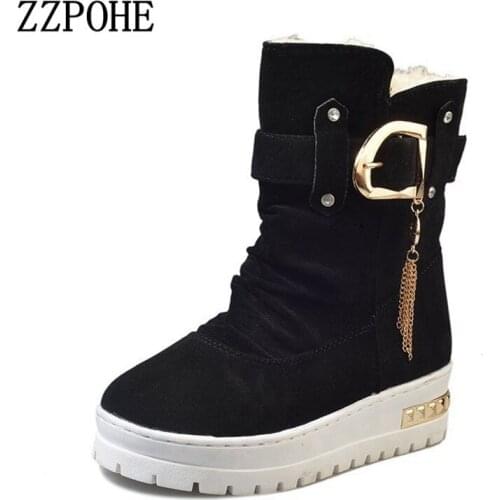 ZZPOHE winter new snow boots metal belt buckle thick bottom plus velvet warm female cotton boots large size womens boots