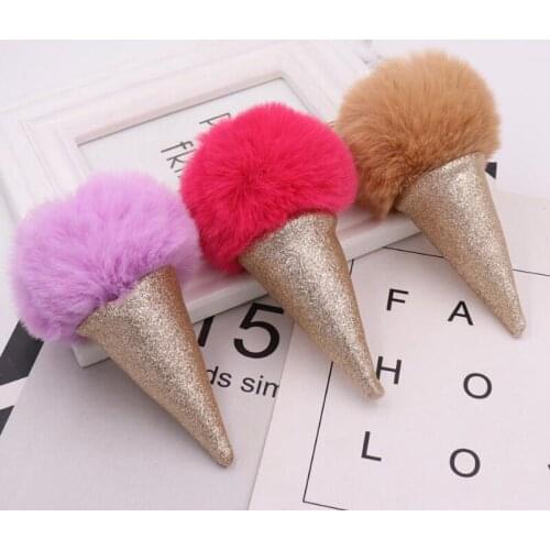 30Pcs/lot Leather Ice Cream Plush Key Chain Pompom Rabbit Fur Keyring For Women And Men Bag Pendant Toy Gifts Jewelry