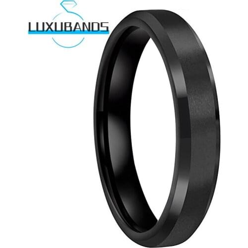 4MM Womens Tungsten Carbide Rings For Men Black Beveled Edges Engagement Bands Matte Brushed Finished Comfort Fit
