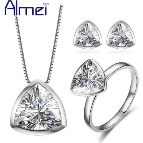 Almei 40% African 925 Sterling Silver Jewelry Sets for Women Girls Wedding Zirconia Necklace Earrings Ring Dubai Jewellery LT001