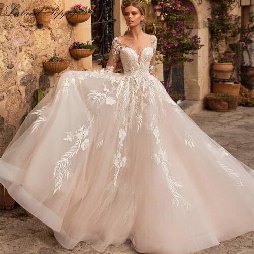 Lceland Poppy Elegant A Line Long Sleeves Tulle Wedding Dresses Lace Appliques Bridal Gowns Vestido de Noiva with Court Train