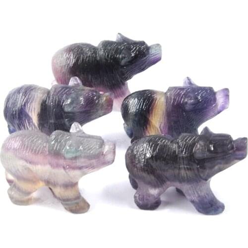 2" Natural Rainbow Fluorite Bear Crystal Figurine Carved Quartz Statue Healing Reiki Meditation Party Gifts Fengshui Decoration