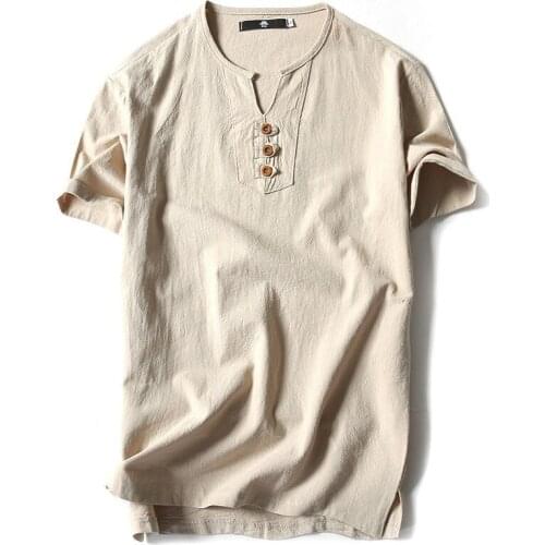 Summer Mens T Shirt Plus-size V-Neck Breathable Linen Tees Smart Casual Basic Short Sleeve Clothes Loose Tops Solid Colour New