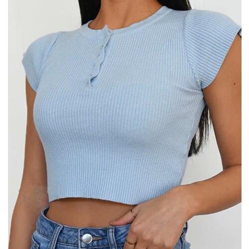 Sexy T-Shirt V Neck Short Sleeve Casual Crop Tops Women Button Knitted Short Sleeve Korean Style Ribbed white clothes Summer Top