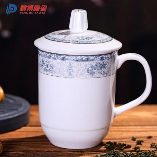 400ml Ceramic Cup Chinese Style Classical White And Blue Bone Porcelain Office Tea Cup Teahouse With Handle And Cover