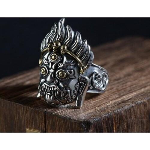 Handmade 925 Silver Mahakala Ring 925 Sterling Silver Buddha Statue Ring Pure Silver Good Luck Ring