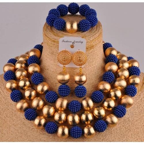 Royal blue costume necklace simulated pearl african jewelry set nigerian traditional wedding set FZZ83