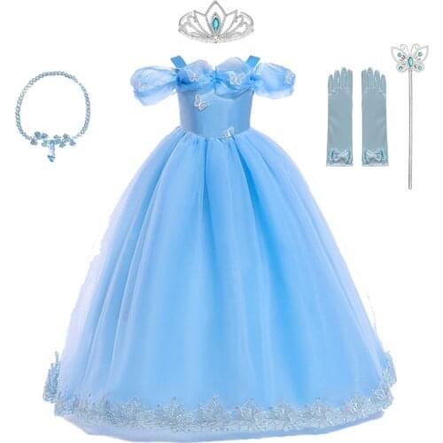 Cinderella Princess Costume for Girl Pageant Ball Gown Kids Blue Sleeveless Princess Party Dress Childr Cosplay Halloween Dress