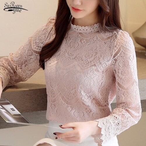 Spring fashion womens tops and blouses 2021 stand collar sexy hollow lace blouse shirt female flare long sleeve women shirts