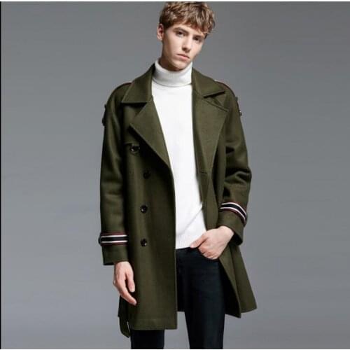 Green casual loose woolen coat men trench coats long sleeves overcoat mens cashmere coat casaco masculino england autumn winter
