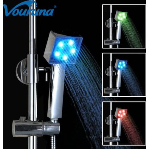 No Need Battery Square Chrome Finish Temperature Controlled 3 Colors Handheld LED Shower Head Hand Shower