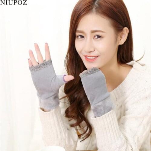 2017 New Women Fashion Lovely Knitted Fingerless Gloves Mittens Winter Female Soft Plush Lace Half Finger Ladies Warm Gloves G89