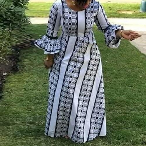 2021 New African Dresses For Women Printed Dress Ruffles O Neck Long Flare Sleeves Autumn Female Vestidos Fashion New Robes