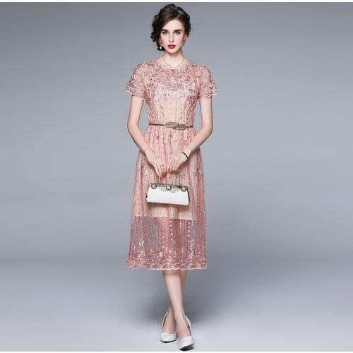 2021 New Arrival Vintage Pink Embroidery Party Dresses Elegant Casual Chic Midi Long Summer Dress Vestido