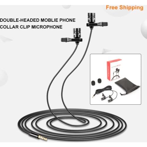 Dual-Head Lavalier Microphone 1m Clip-on Collar Condenser Microphone Lapel Mic for Smartphone Computer Pad Vlog Microphone