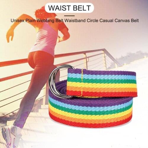 Womens Canvas Belt Double Ring D Type Buckle Rainbow Strip Webbing Casual Wild Super Long Decorative Canvas Belt Unisex