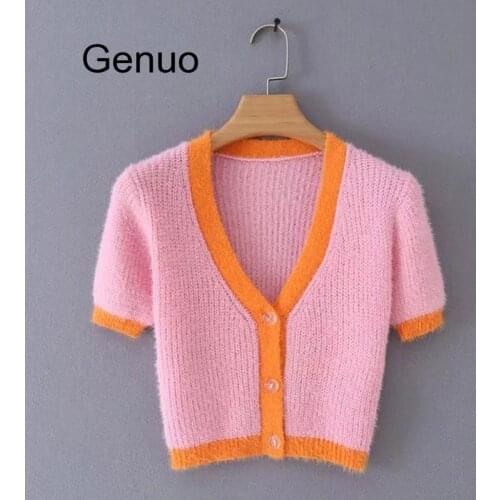 Pink Cardigan Womens Sweaters Korean Crop Sweater Yellow Autumn Tops Short Sleeve V Neck Short Cardigan Mohair Sweater Fall 2020