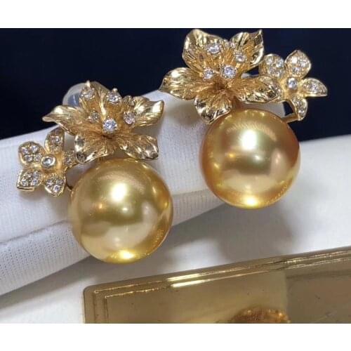 Fine Jewelry 1103 Pure 14 K Gold Natural Ocean Golden Pearls 11-10mm Stud Earrings for Women Fine Pearl Earrings