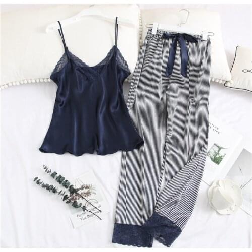 Daeyard Silk Pyjama 2 Piece Sexy Lace Pajamas Set For Women Sleepwear Strap Sling Long Pants Summer Pijama Mujer Home Clothes