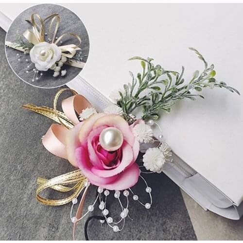Wedding Wrist Flowers Bracelet Girls Bridesmaid Artificial Rose Pearl Ribbon Bow Corsage Boutonniere Woman Party Decoration