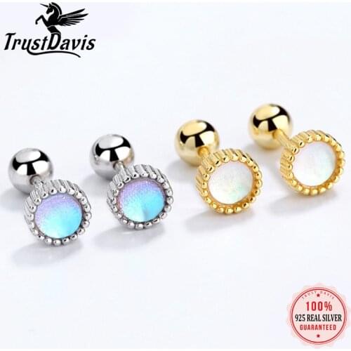 TrustDavis Real 925 Sterling Silver Sweet Round Moonstone Screw Earrings For Women Children Baby Girls Minimalist Jewelry DB1428