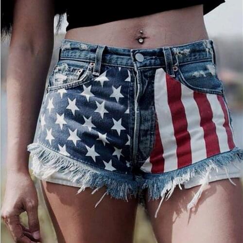 2021 women new hot Denim Shorts Womens American Flag Print Hot Distressed Ripped Tassels Summer Beach Mini Clubwear