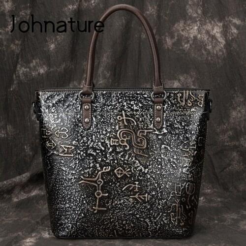 Johnature Vintage Casual Tote Genuine Leather Women Handbag 2020 New Large Capacity Cowhide Embossing Shoulder&crossbody Bags