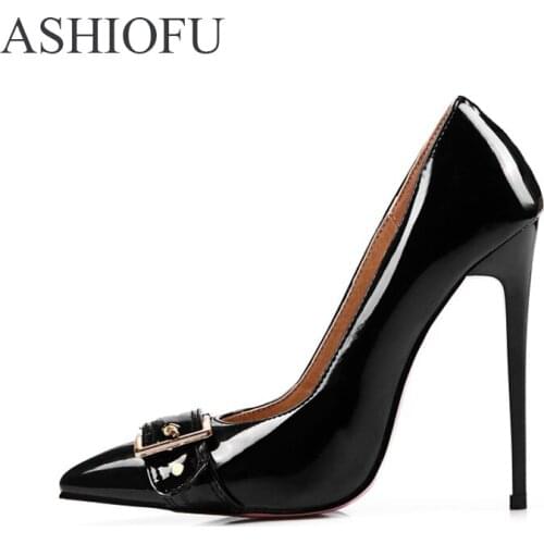 ASHIOFU Hot Sale Women Shoes Buckle-deco Pointed Toe Wedding Party Office Shoes Fashion 12cm Stiletto High Heel Pumps Shoes
