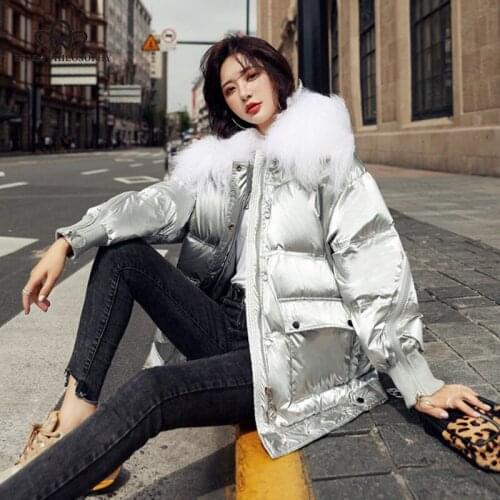 Bella philosophy 2019 Winter Sheep Wool Fur Collar Down Jacket Thick Warm Silver Parkas White Duck Down Coat Female warm Coat