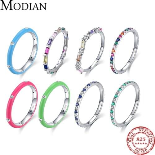 Modian 2021 Real 925 Sterling Silver Rainbow CZ Simple Fashion Finger Ring Stackable Enamel Rings For Women Brand Fine Jewelry