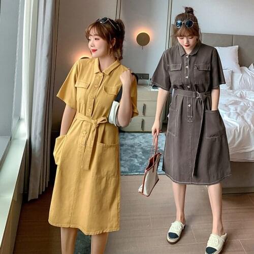 Large Size Women Dress Spring Summer New Pocket Button With Belt Vestidos Mujer Korean Fashion Casual Double Pocket Dresses Z816