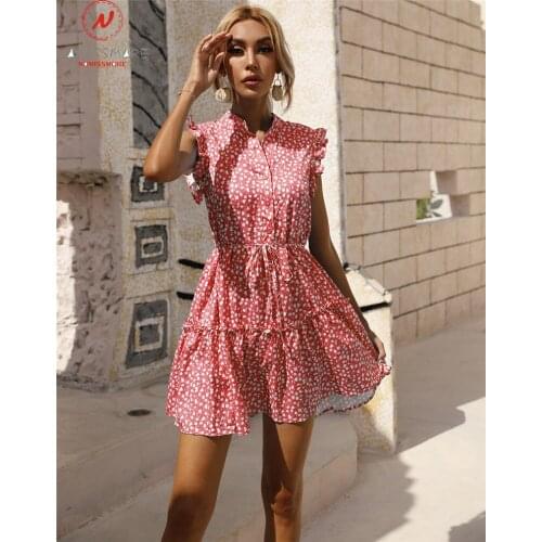 Women Sumemr Print A-Line Dress Single-Breasted Design Bandage Ruffles Decor Stand Collar Sleeveless Mid Waist Slim Mini Dress