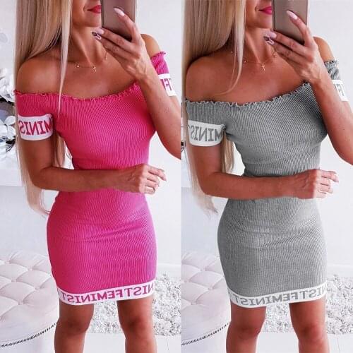 Women sexy nightclub dress summer slim female mini tight wrap skirt off shoulder short sleeve ladies pink letter dress