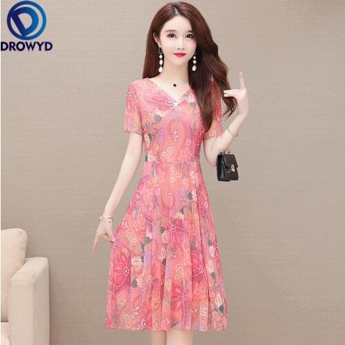 Women 2021 Summer Fashion Pink Print V-neck Chiffon Dresses Female New Midi Thin Dress Ladies Printed Thin A-line Party Vestidos