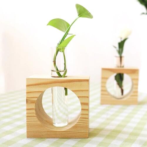 1Set Wood Modern Style Glass Tabletop Plant Bonsai Flower Wedding Decorative Vase With Wooden Tray Home Decoration Accessories