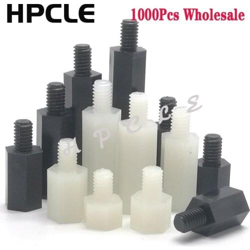1000pcs M3*5/6/7/8/9/10/11-40+6mm Thread Nylon Black or White Male-Female M-F Screw PCB Fixed Nylon Hex Standoff Spacer Pillar