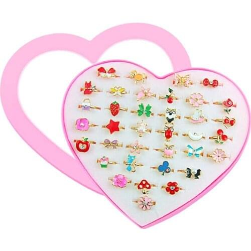 36Pcs Girl Enamel Bow Flower Adjustable Ring Pretend Play Jewelry Birthday Gift