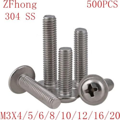 500PCS M3*4/5/6/8/10/12/16/20 304 Stainless Steel Round Pan Phillips Cross Head Screws Bolt With Washer Pad Computer Screws